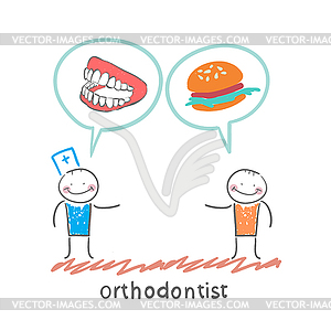 Orthodontist says to patient`s teeth and eating - vector image