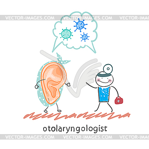 Otolaryngologist talking to patients about ear - vector clipart