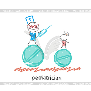 Pediatrician pediatrician runs with syringe - vector clipart