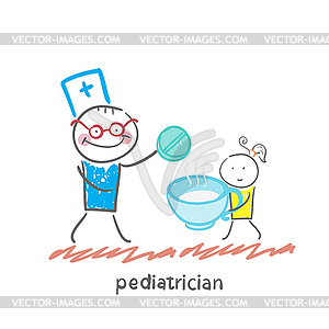 Pediatrician gives tablet in cup of baby - royalty-free vector image