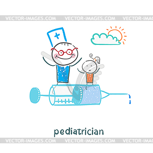 Pediatrician is flying on syringe with sick child - vector image