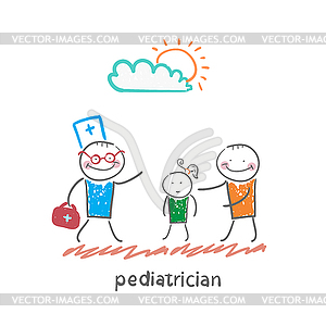 Pediatrician takes dad with sick child - vector image