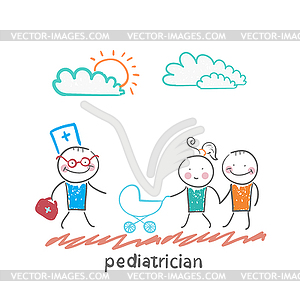 Pediatrician came to sick child in stroller parents - vector EPS clipart