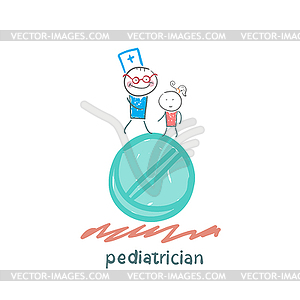 Pediatrician with child standing on huge tablet - vector EPS clipart