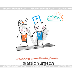 Plastic surgeon with patient flies on scalpel - vector clip art