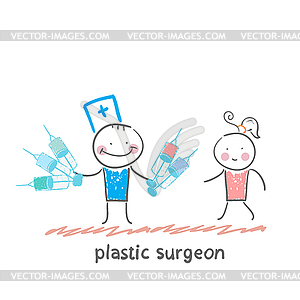 Plastic surgeon holding syringe and stands next to - vector clipart