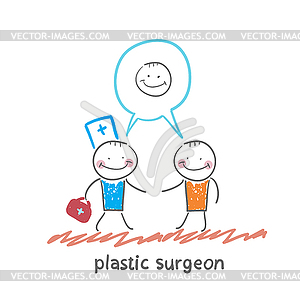 Plastic surgeon says to patient`s facial surgery - vector image