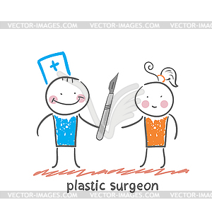 Plastic surgeon with scalpel is close to patient - vector clipart