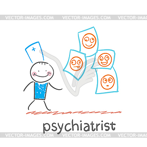 Psychiatrist studying photos of demented patients - vector clip art