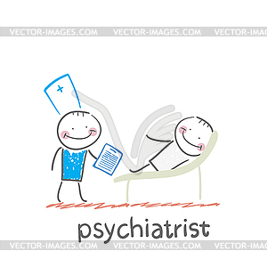 Psychiatrist says to patient, who is lying on couch - vector clipart