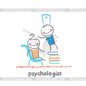 Psychologist is on stack of books and looks inside - vector clipart