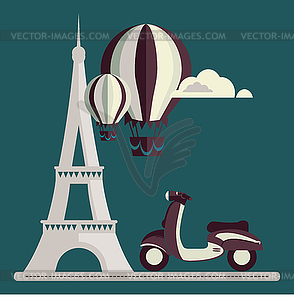 Eiffel Tower Paris scooter Air Balloon Clouds / - vector image