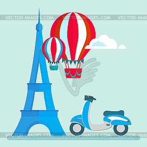 Эйфелева башня в Париже скутер воздушных шаров Облака / - векторный графический клипарт
