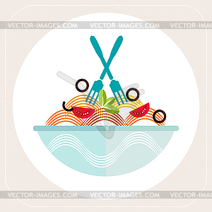 Spaghetti tomato spices cutlery icon - vector image