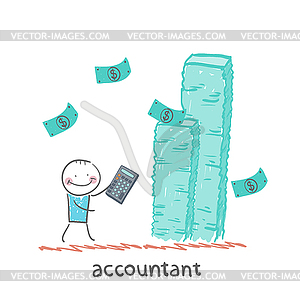 Accountant with calculator considers lot of money - vector image