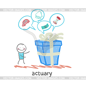 Actuary with gift in which cars, houses, money, time - royalty-free vector clipart