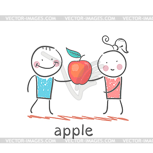 Девочка и мальчик держит яблоко - изображение векторного клипарта