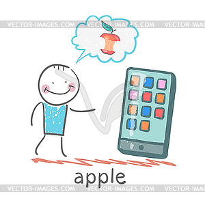 Человек, глядя на мобильный и думает яблоко - клипарт в векторном формате