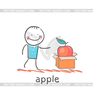 Man opens box with an apple - vector clipart