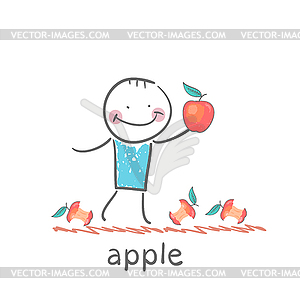 Man holding an apple lying around and eats apples - vector clip art