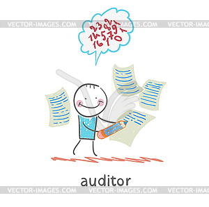 Auditor writes on piece of paper and think about - vector clip art