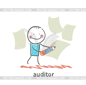 Auditor writes on piece of paper - color vector clipart