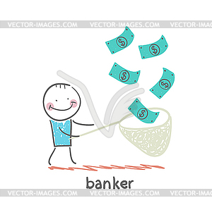 Banker catches net dollar - vector clip art