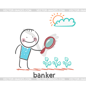 Banker is looking through magnifying glass on plants - vector image