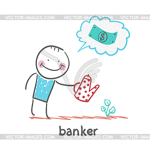 Banker plant watering and thinks about dollar - vector clipart