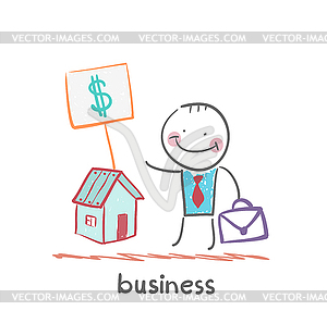 Business man to sell house - vector clip art