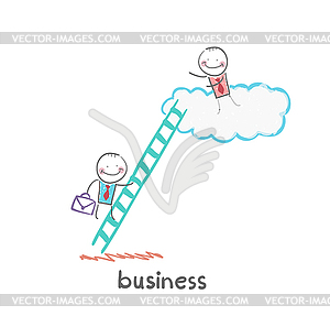 Businessman climbing stairs to cloud to boss - vector image