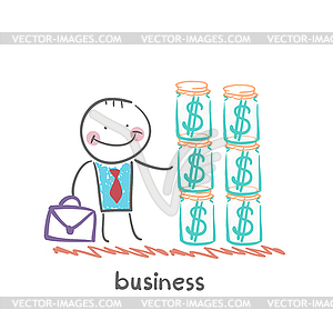 Businessman holding dollars in bank - royalty-free vector clipart