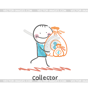 Collector is running with bag of money - vector clip art