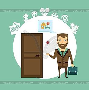 Insurance agent rings doorbell - vector clipart