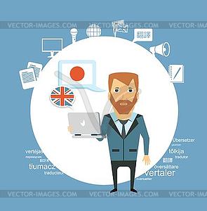 Translator working with laptop - vector clip art