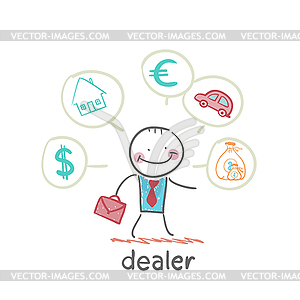 Dealer thinks about currencies, house, car, money - vector clip art