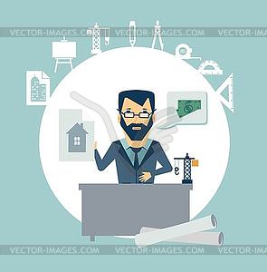 Architect develops drawings of your desk - vector clipart / vector image