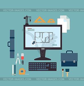 Architect develops drawings on computer - vector clipart