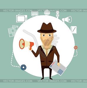 Journalist said to speaker - color vector clipart