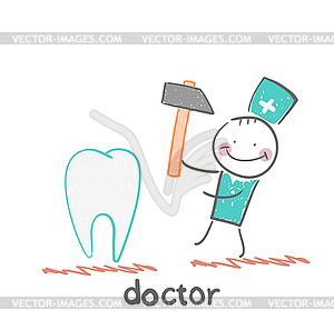 Doctor hammers on tooth - vector clip art