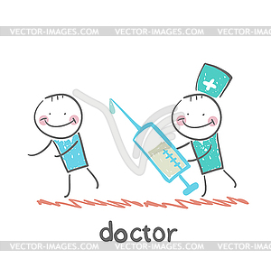 Doctor runs to syringe for patient - vector image