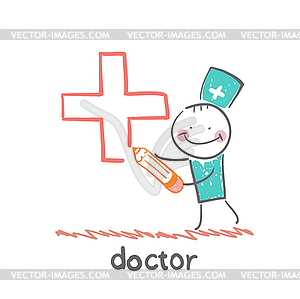 Doctor draws cross in pencil - color vector clipart