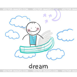 Man flying in dream boat - vector image