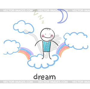 Man flying in dream clouds with rainbows - vector clip art