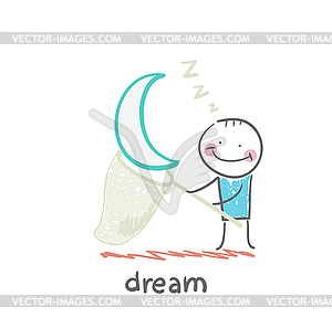 Man in dream star catches butterfly net - vector clip art