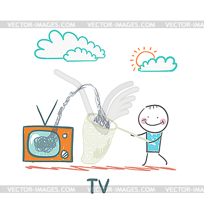 Man gather information in butterfly net with TV - vector clip art