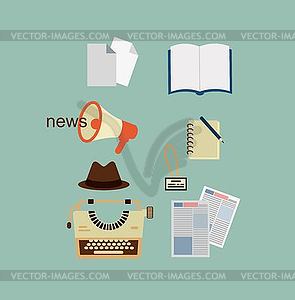 Typewriter, hat, sheets of paper, notebook, - stock vector clipart