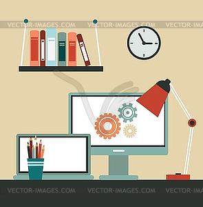 Office desk with computer and laptop - vector clipart