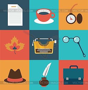 Operating items typists, typewriter, glasses, cup o - vector image