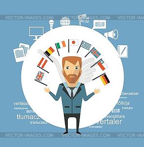 Translator with flags of different countries - vector clip art